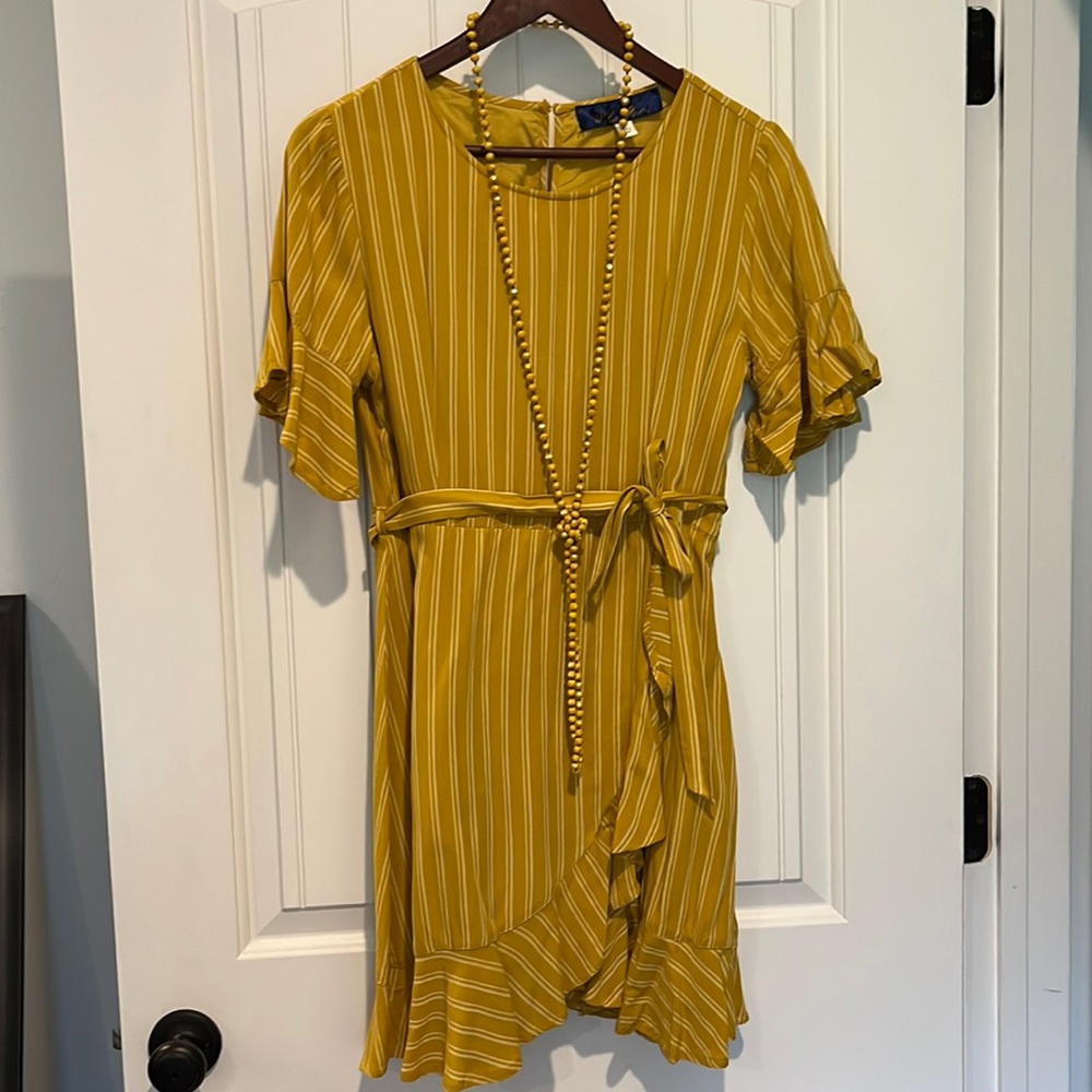 Francesca’s Blue Rain Yellow Ashton Stripe Faux Wrap Dress Size Medium